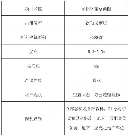 北京朝阳区8600㎡整层商业房产出租项目